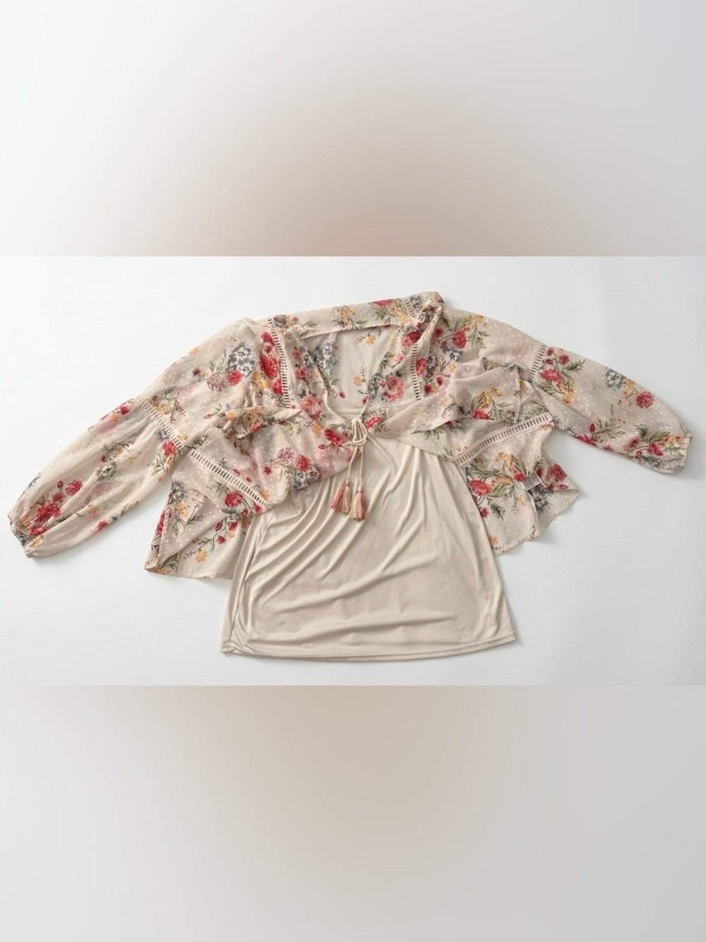 Time and Tru Ivory Floral Tie-Front Peasant Blouse with Red Tassels - Picture 6 of 10